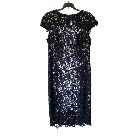 Tadashi Shoji Contrast Embroidered Lace Panel Dress size 12 Blue Black - Picture 3 of 10
